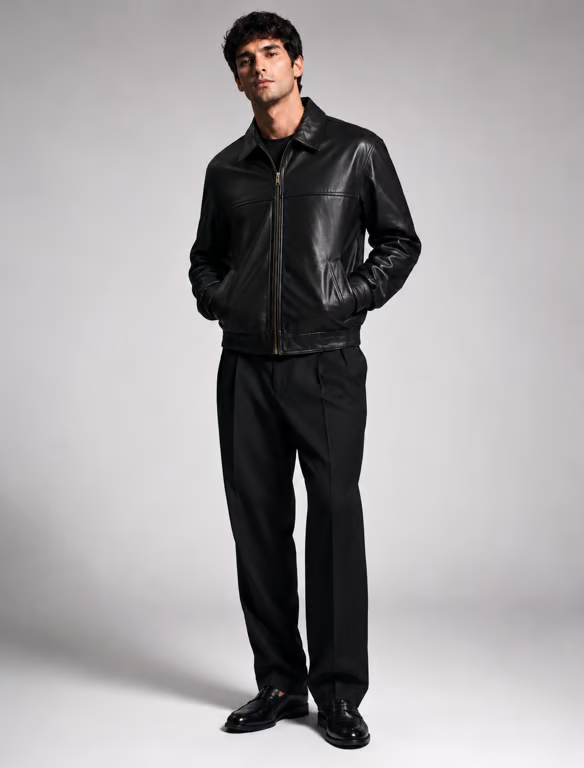 Chaqueta de Cuero Negra Clásica Unisex con Cremallera y Cuello Camisero