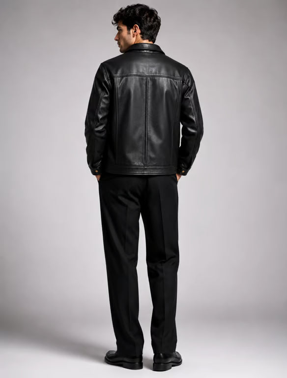 Chaqueta de Cuero Negra Clásica Unisex con Cremallera y Cuello Camisero
