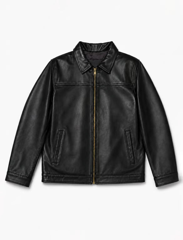 Chaqueta de Cuero Negra Clásica Unisex con Cremallera y Cuello Camisero
