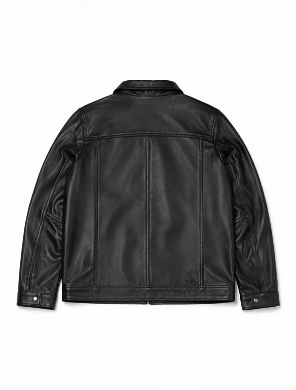 Chaqueta de Cuero Negra Clásica Unisex con Cremallera y Cuello Camisero