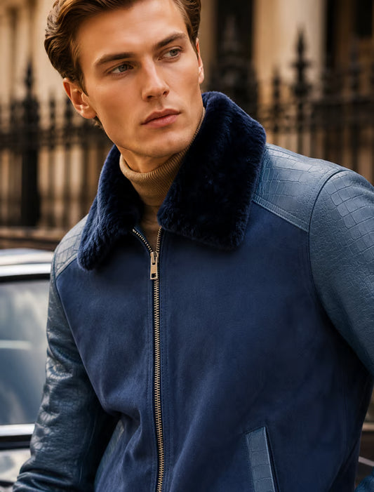 Chaqueta Aviador Bomber de Cuero Azul Marino para Hombre con Cuello de Borreguillo y Efecto Cocodrilo