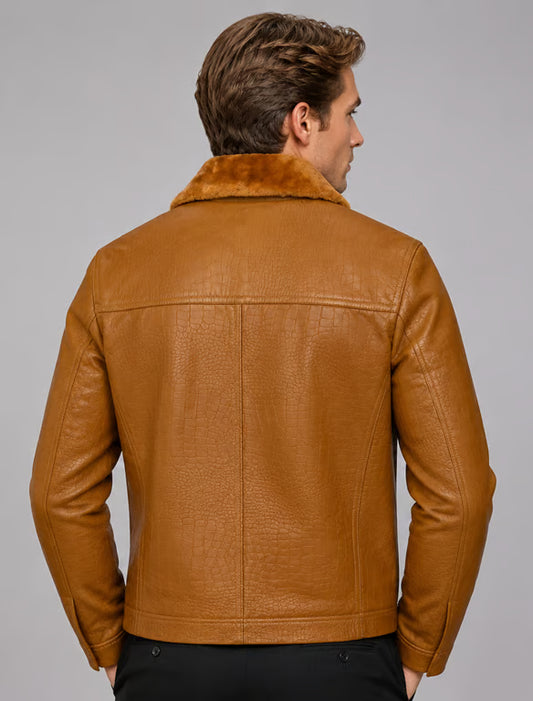Chaqueta Aviador de Cuero Tostado para Hombre con Cuello de Borreguillo y Efecto Cocodrilo