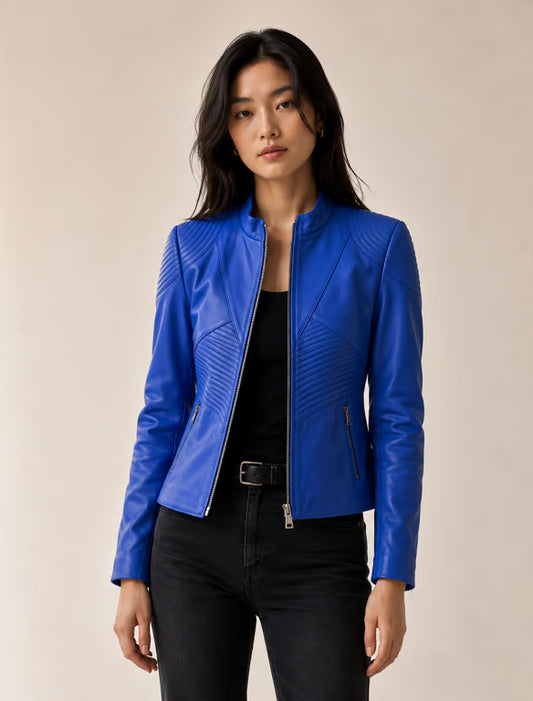 Chaqueta Biker de Cuero Azul Real para Mujer Estilo Motero Acolchado