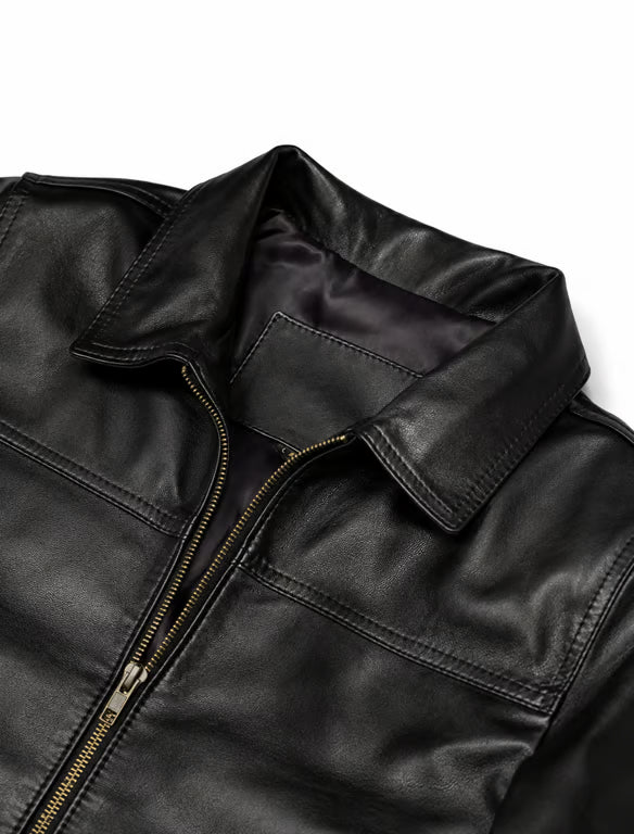 Chaqueta de Cuero Negra Clásica Unisex con Cremallera y Cuello Camisero