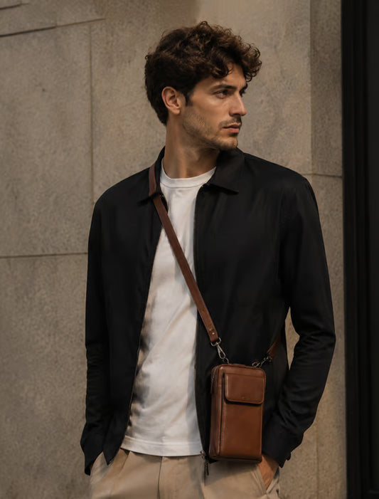 Bolso Bandolera para Móvil de Cuero Marrón Chocolate Unisex - Estuche Vertical Minimalista