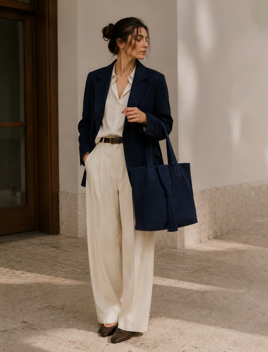 Bolso Tote Grande de Ante Azul Marino con Borla Decorativa - Shopper para Mujer