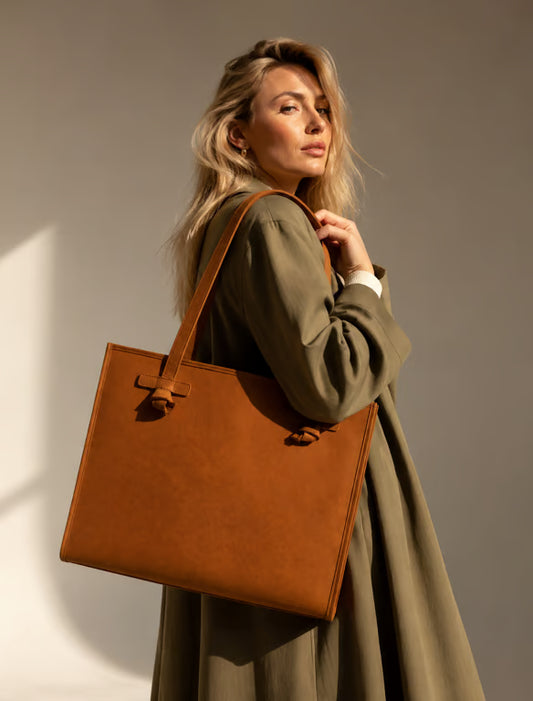 Bolso Tote Grande de Ante Camel con Asa Anudada - Shopper Diario para Mujer