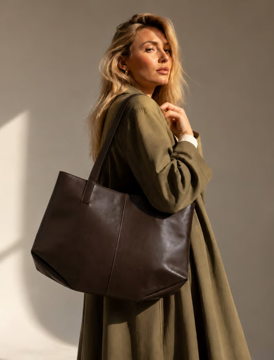 Bolso Tote Grande de Cuero Marrón Oscuro con Neceser Incluido - Shopper para Mujer