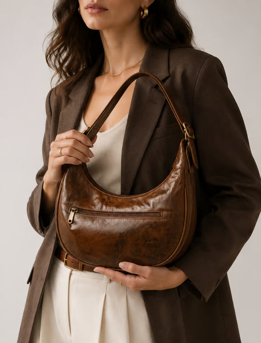 Bolso de Hombro Media Luna de Cuero Marrón Estilo Hobo - Bandolera para Mujer