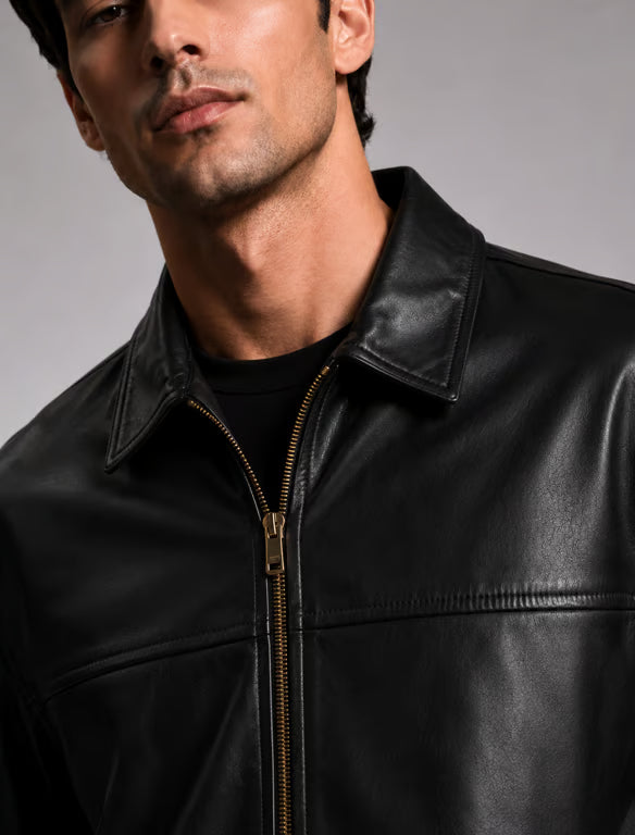 Chaqueta de Cuero Negra Clásica Unisex con Cremallera y Cuello Camisero